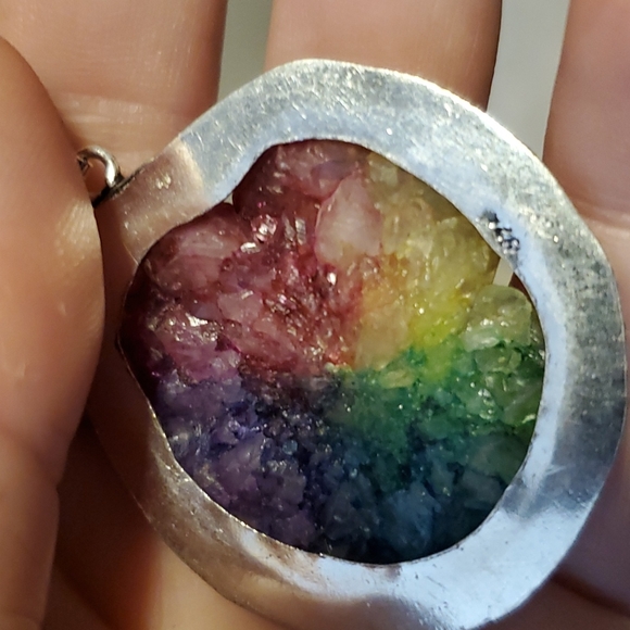 New Rainbow Solar Quartz Agate Druzy & Citrine 925 Silver Necklace. - Picture 2 of 4